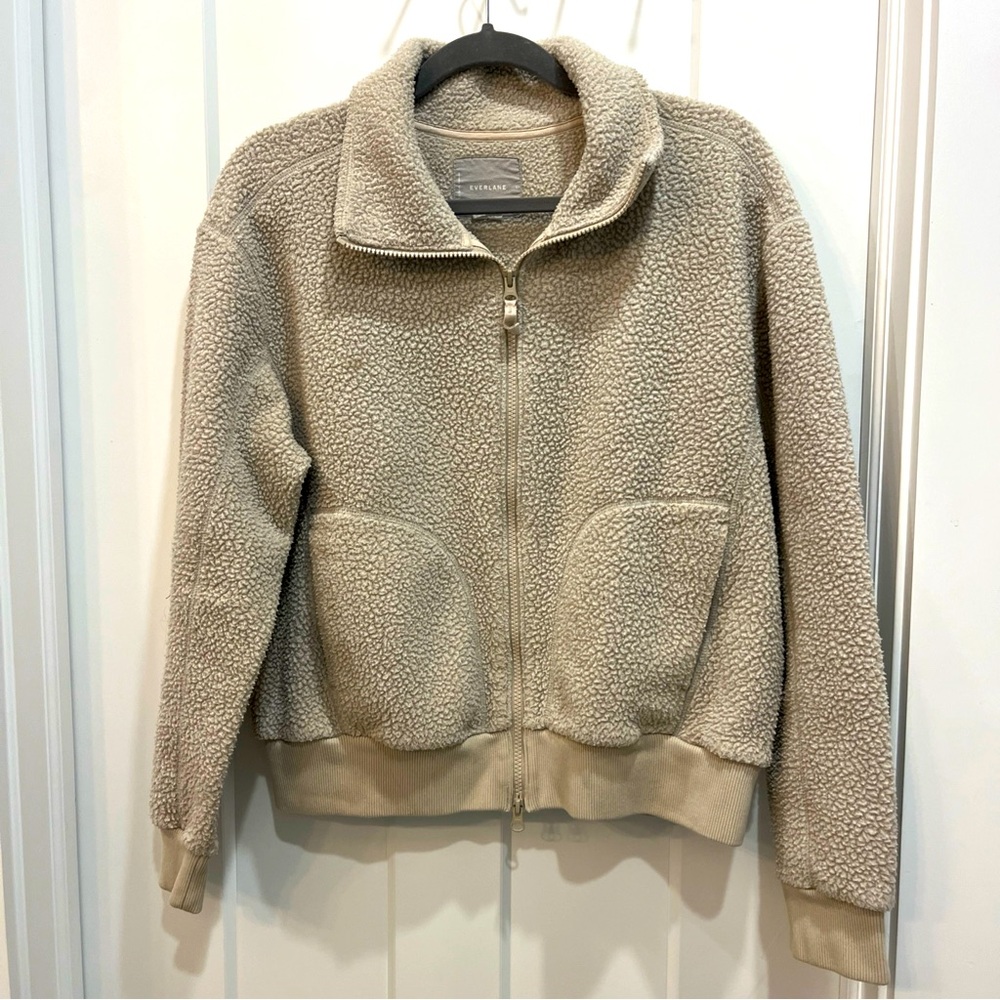 Everlane The ReNew Teddy Fleece Bomber‎ Jacket In Tan Brown Size Large Full Zip